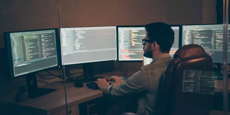 Developer working late at a four-monitor coding workstation