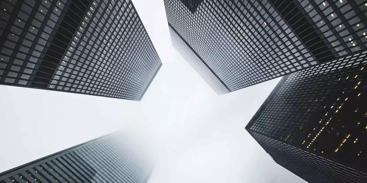 Low-angle view of downtown financial district skyscrapers
