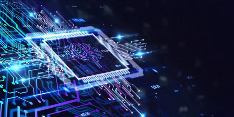 Glowing computer chip on a circuit board representing machine learning technology