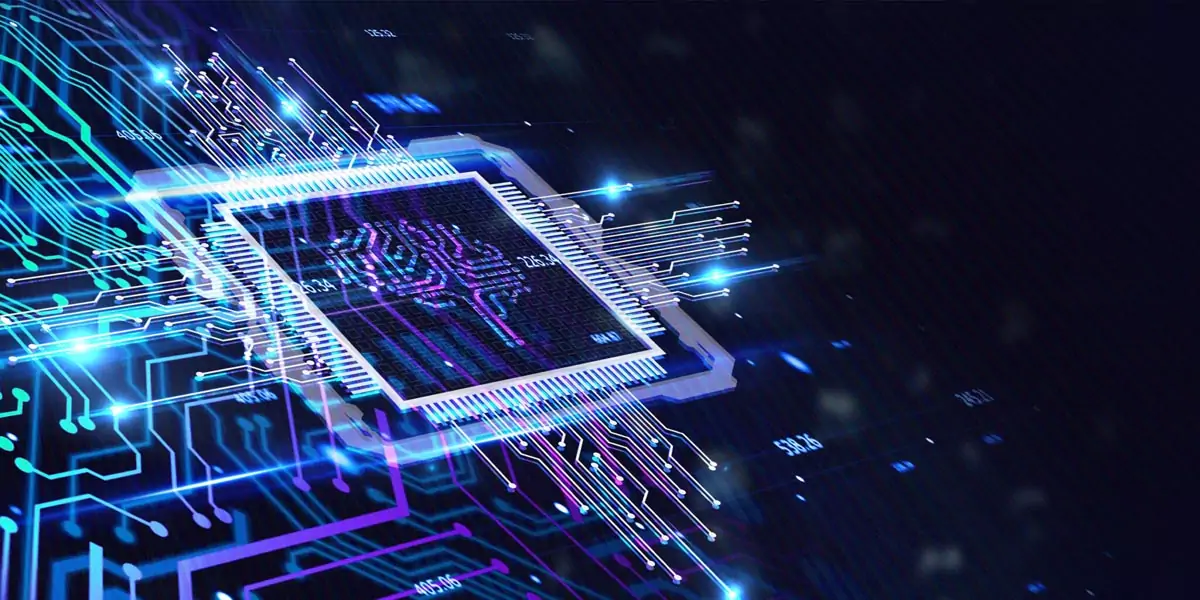 Glowing computer chip on a circuit board representing machine learning technology