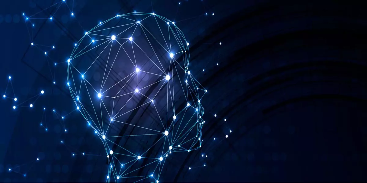 Wireframe illustration of a human head profile made of glowing network nodes