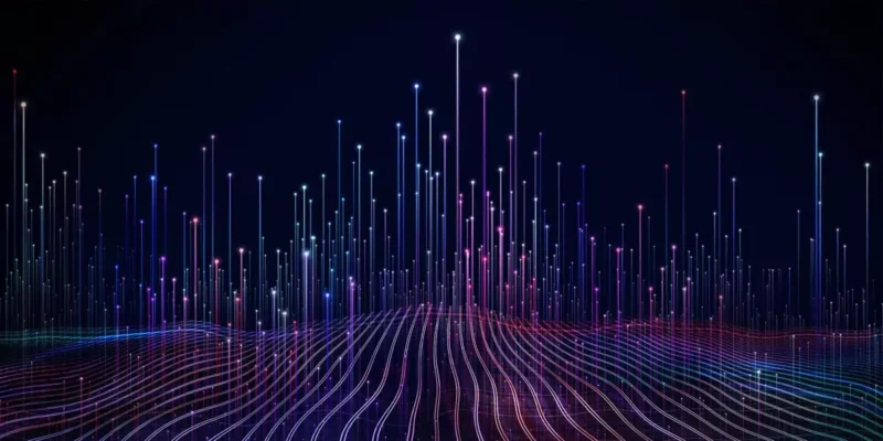 Abstract data visualization of colorful vertical light streaks representing a DevOps pipeline
