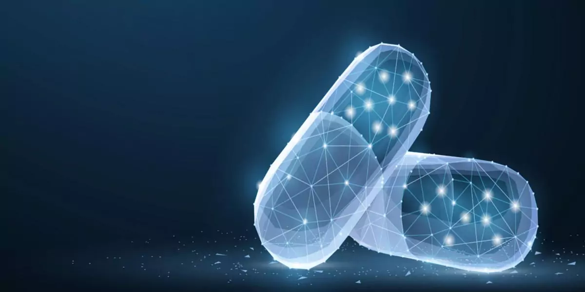 Two glowing wireframe pill capsules representing pharmaceutical technology