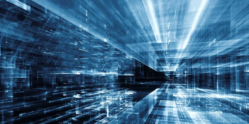 Abstract blue digital light streaks representing data flow