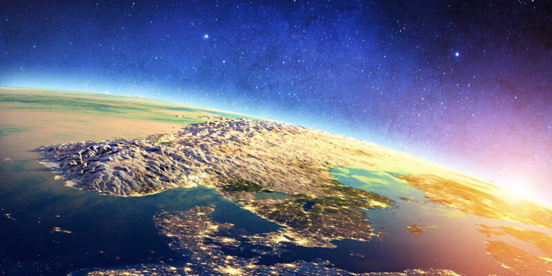 Earth viewed from space at sunrise