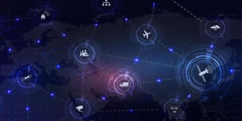 World map with connected IoT device icons including home, factory, plane, and satellite