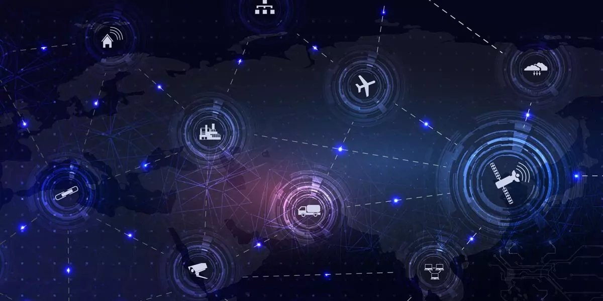 World map with connected IoT device icons including home, factory, plane, and satellite