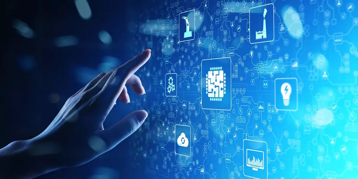 Hand touching a digital interface with industrial and cloud icons
