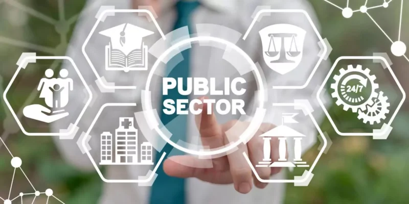Public sector icon graphic with education, healthcare, legal, and government hexagon icons