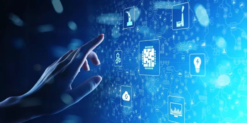 Hand touching a digital interface with industrial and data integration icons