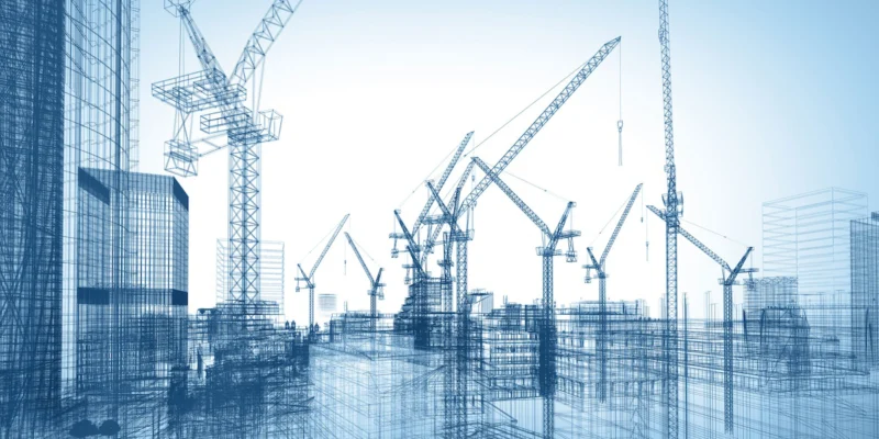 Blue wireframe rendering of a construction site with cranes