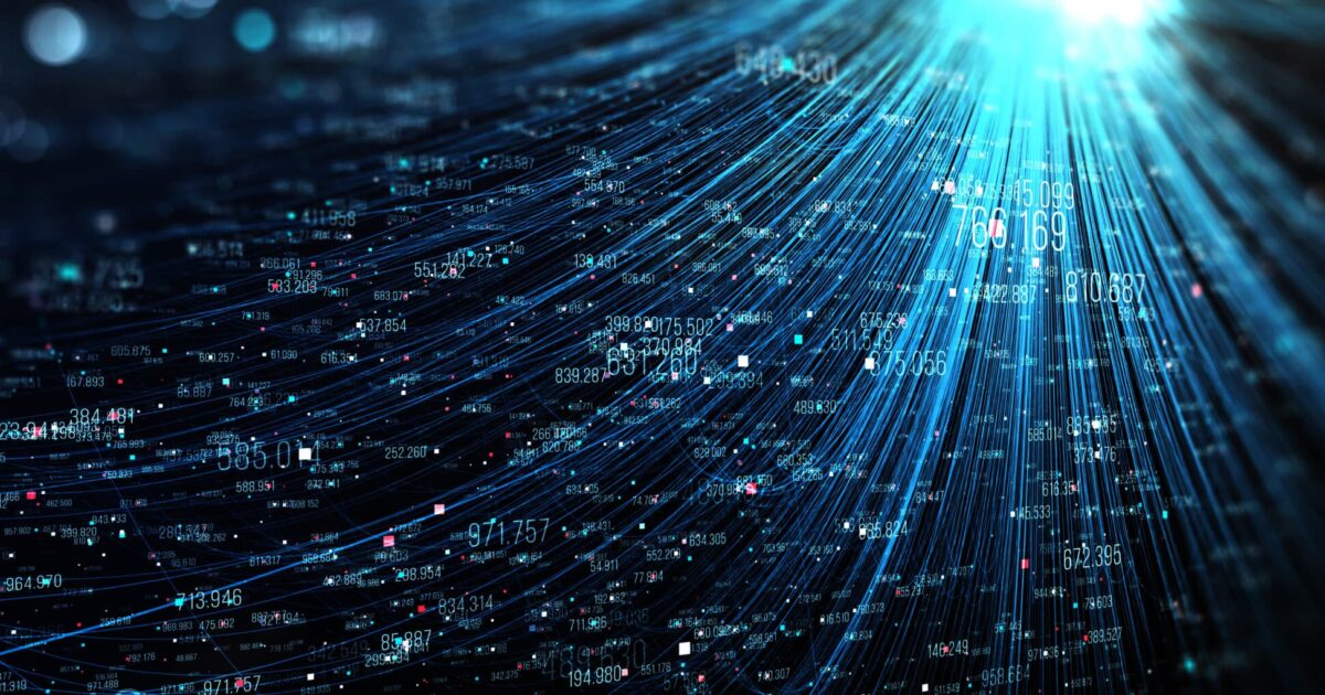 Abstract digital data stream tunnel with glowing numbers and light trails