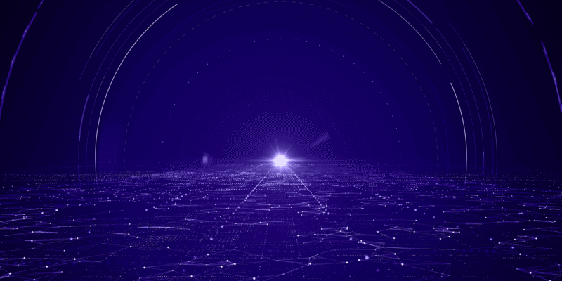 Abstract digital grid landscape with glowing light and arc lines representing cloud infrastructure