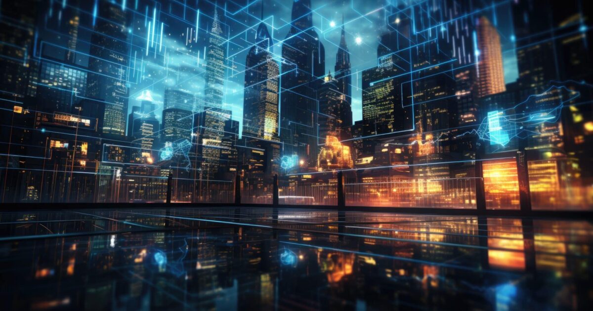 Futuristic city skyline with AI data overlay graphics representing generative AI in investment research