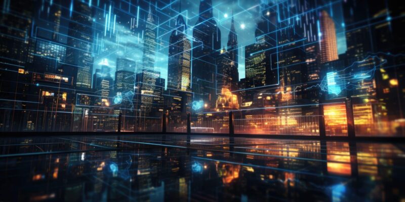 Futuristic city skyline with AI data overlay graphics representing generative AI in investment research