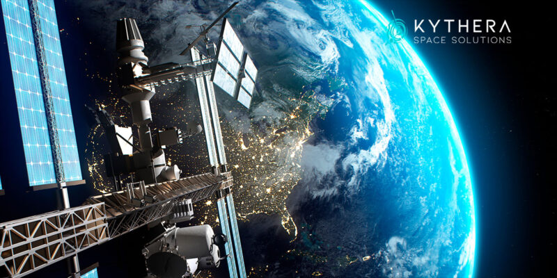 Kythera Space Solutions satellite over Earth at night showing city lights