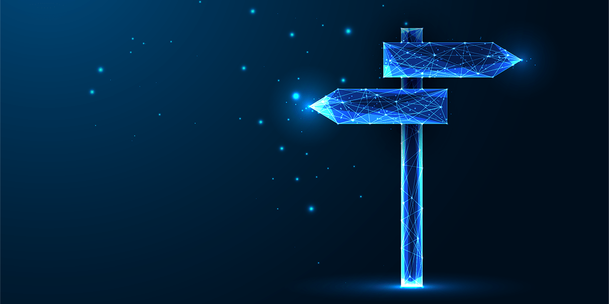 Digital wireframe signpost pointing two directions, symbolizing diverging data platform strategies