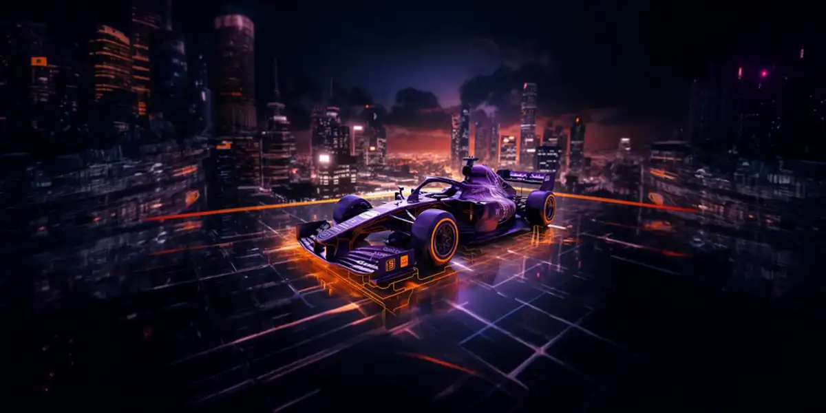 Formula 1 race car speeding through a futuristic digital city, symbolizing platform engineering agility