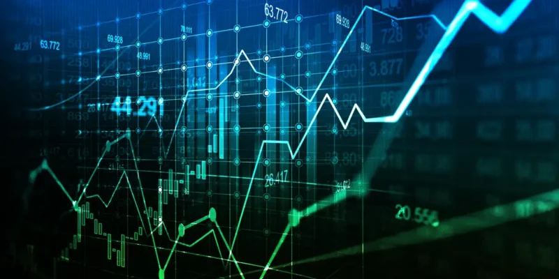 Blue and green financial data chart overlay