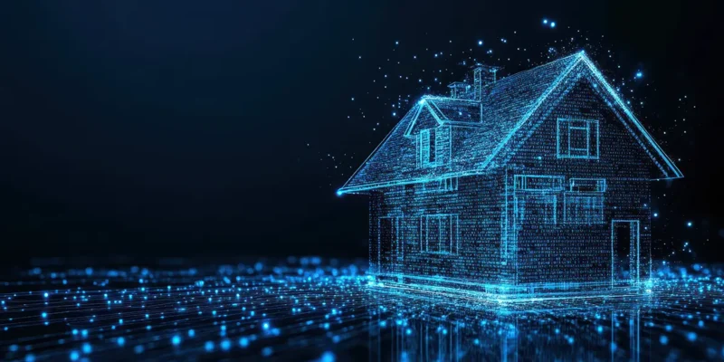 Glowing digital wireframe of a house representing housing data