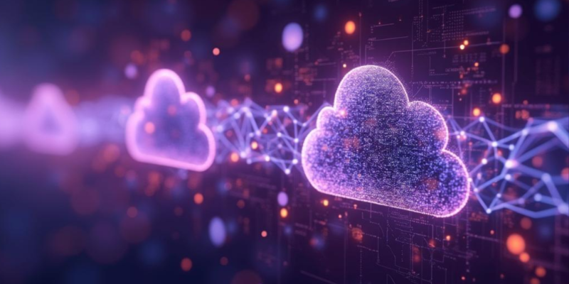 Digital cloud and data icons connected by a glowing network, representing generative AI data governance