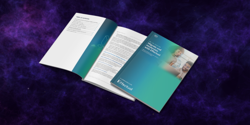 Cover mockup of the "Migrate and Modernize with Effectual" AWS eBook with colleagues collaborating