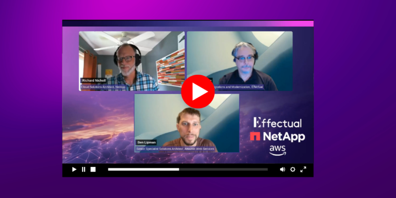 Three-way video call between Effectual, NetApp, and AWS speakers discussing Amazon Elastic VMware Service