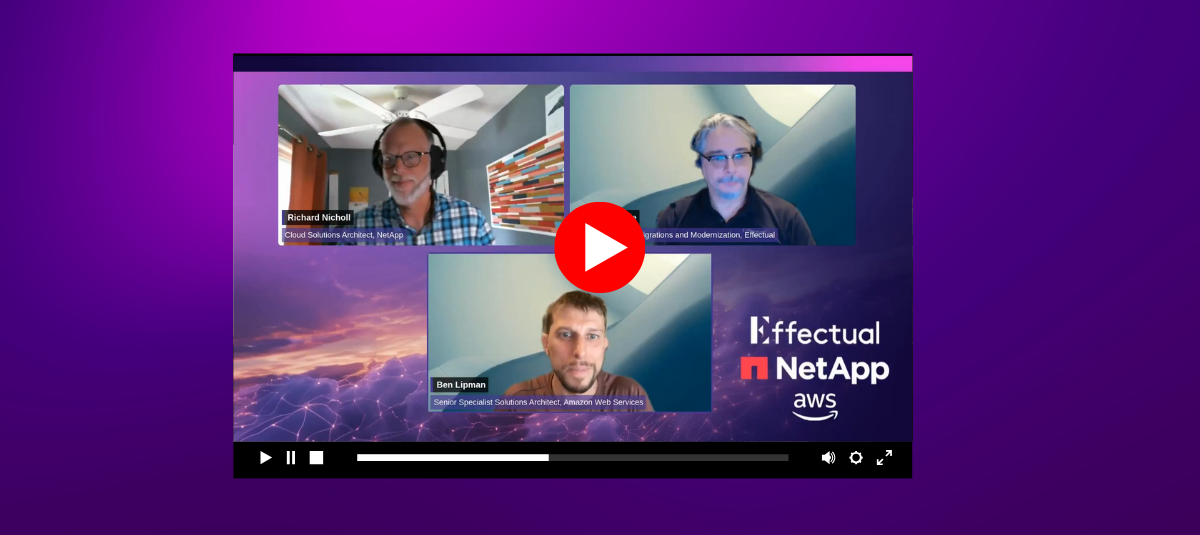 Three-way video call between Effectual, NetApp, and AWS speakers discussing Amazon Elastic VMware Service