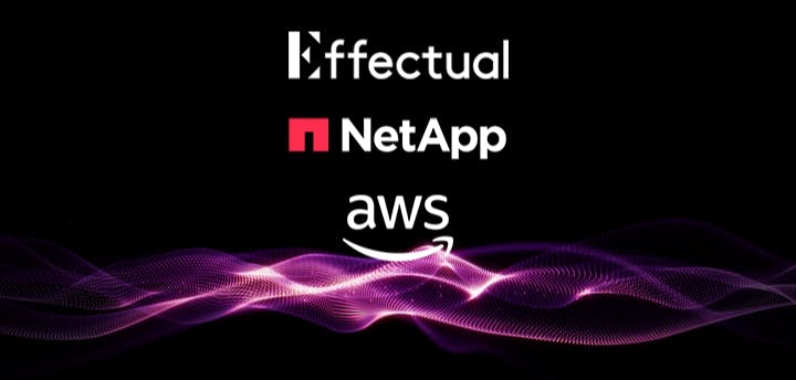 Effectual, NetApp, and AWS logos over a purple wave background