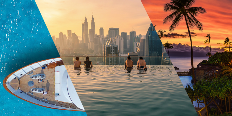 Collage of a yacht, an infinity pool overlooking a city, and a tropical resort sunset representing travel and hospitality