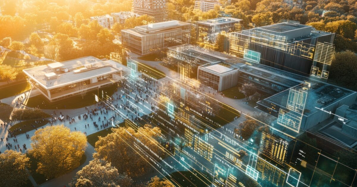 Aerial view of a research institute campus with digital data overlay