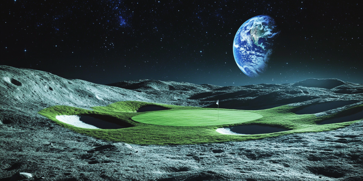 Illustration of a golf green on the moon with Earth visible in the sky